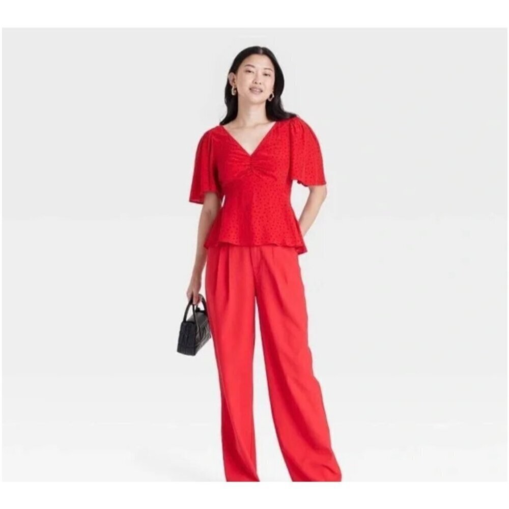 A New Day Red Polka Dot V-Neck Flutter Sleeve with Bow in the Back Top Size XS